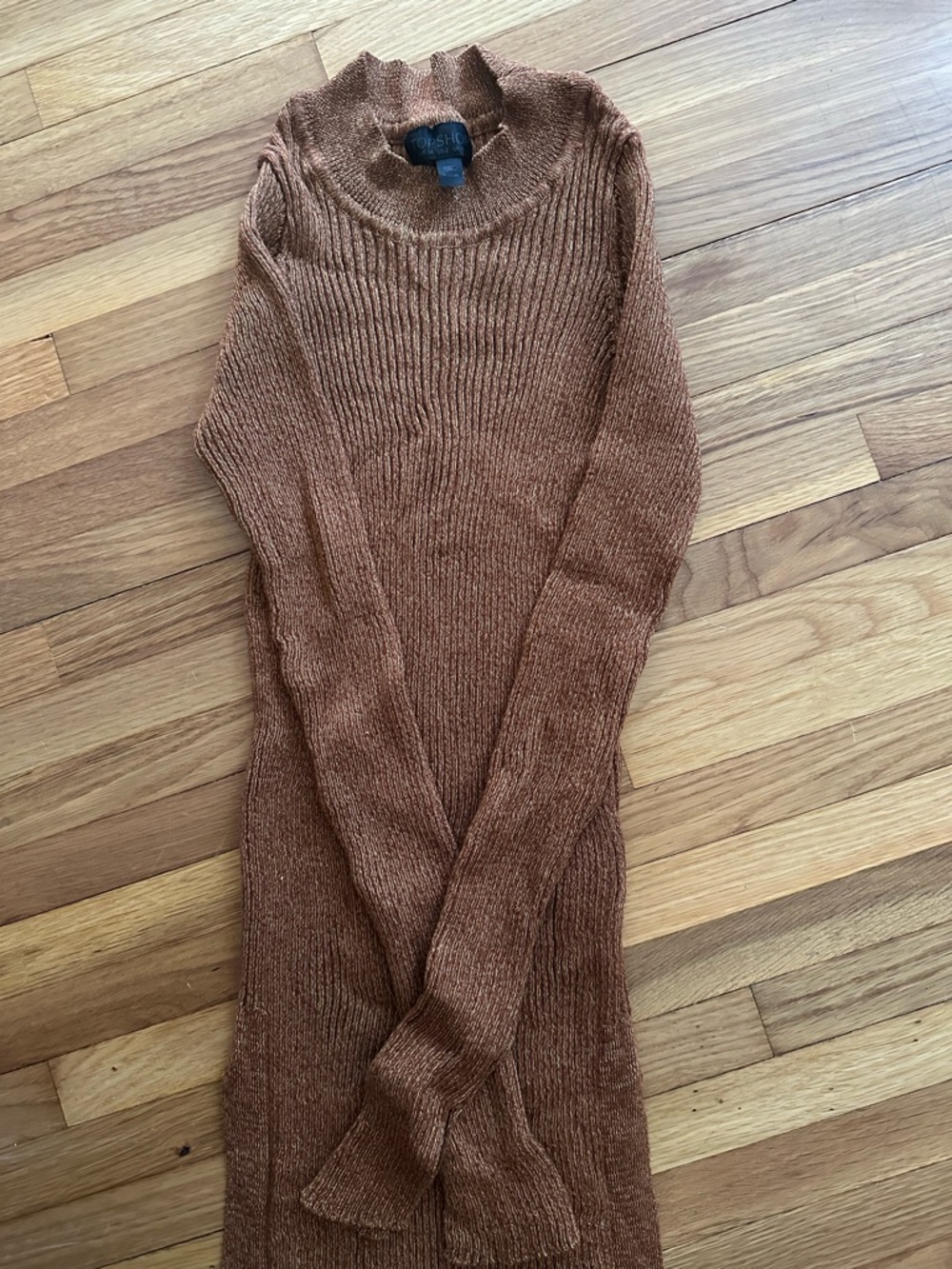 TOPSHOP Copper Brown Ribbed Knit Mock Neck Dress